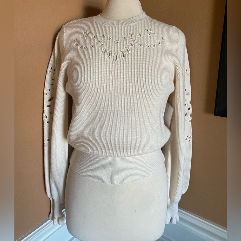 Anthropologie Calligraphie Cut Out Balloon Sleeve Sweater M New Ivory